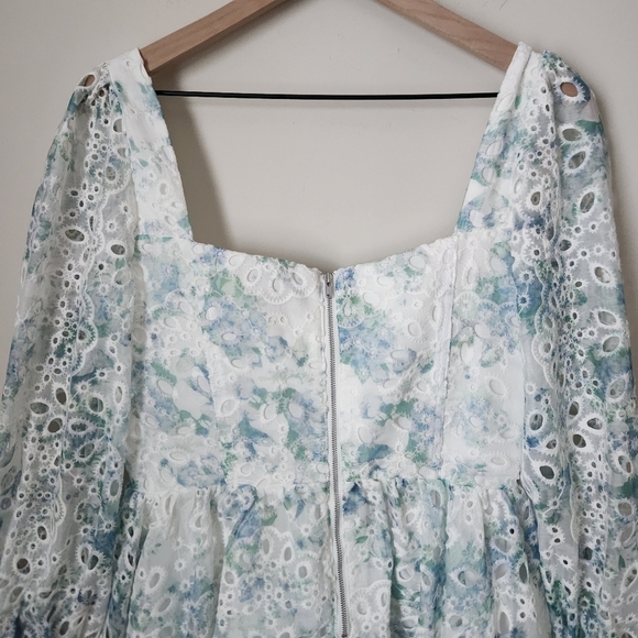 Bardot | Lila Flounce Eyelet Long Sleeve Mini Dress in Water Floral - Sz L/US 8 - Picture 8 of 13